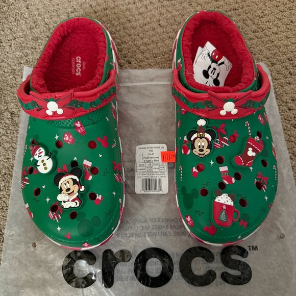 CROCS Mickey Holiday Lined Classic Clogs Women's 12 Men's 10 Christmas Xmas NWT - Picture 3 of 7